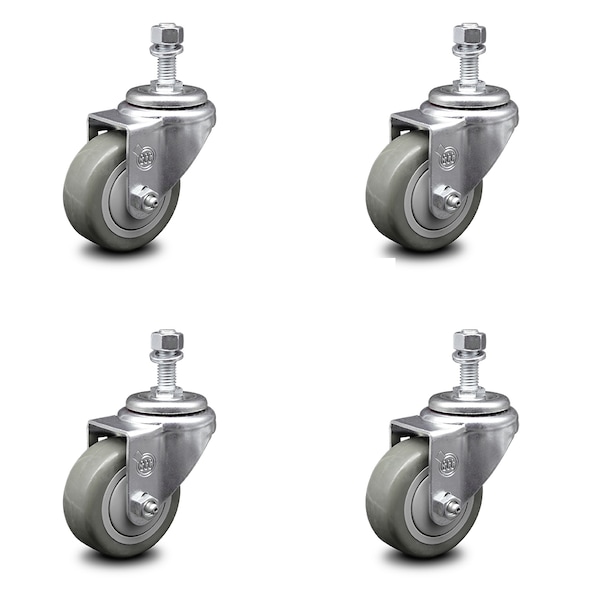 3 Inch Gray Polyurethane Wheel Swivel 1/2 Inch Threaded Stem Caster Set SCC